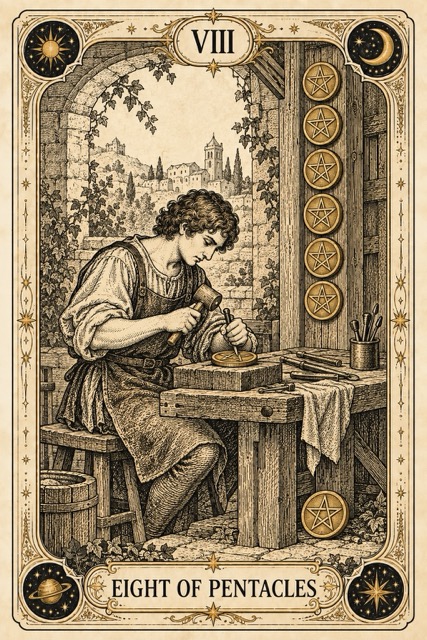 แปดเหรียญ — Eight of Pentacles