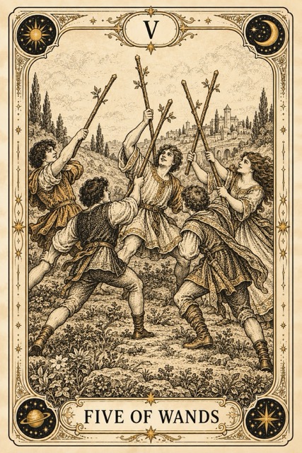 ห้าไม้เท้า — Five of Wands