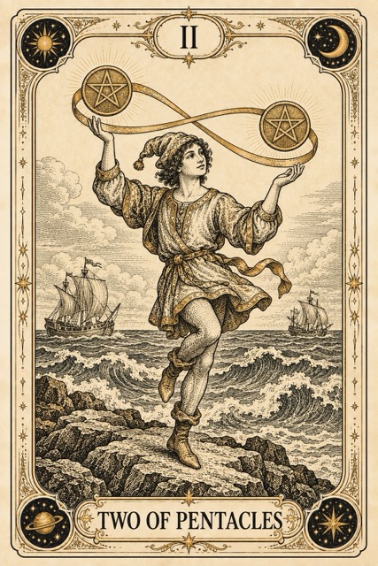 สองเหรียญ — Two of Pentacles